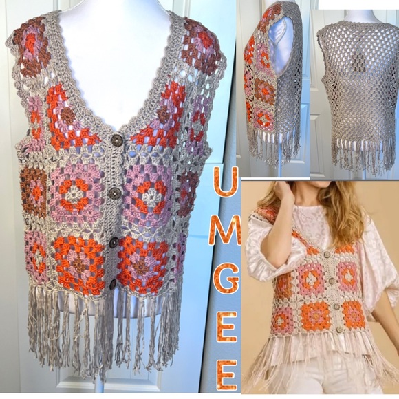 NWT Umgee V-Neck “Celeste” Color Block Taupe Button Detail Crochet Vest Sz Small - Picture 12 of 14